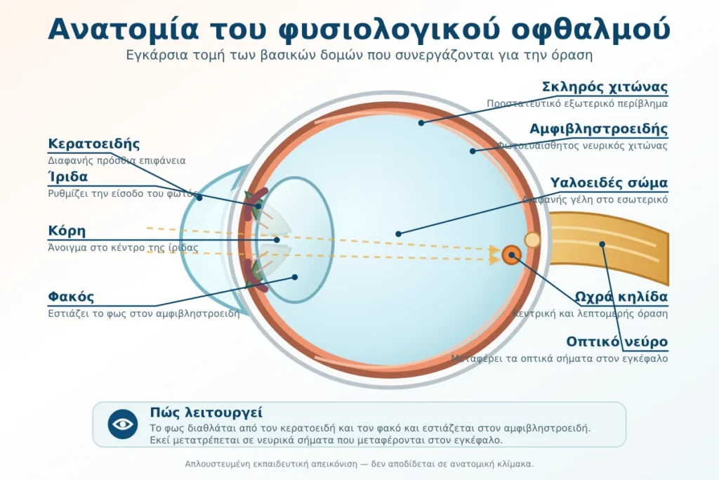 Ανατομικό διάγραμμα φυσιολογικού οφθαλμού με ετικέτες για κερατοειδή, ίριδα, κόρη, φακό, υαλοειδές, αμφιβληστροειδή, ωχρά κηλίδα και οπτικό νεύρο