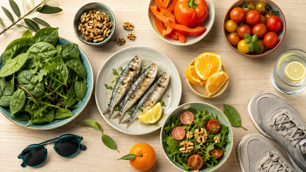 Πράσινα λαχανικά, σαρδέλες, πιπεριές, ντομάτες, καρύδια, γυαλιά ηλίου και παπούτσια βάδισης