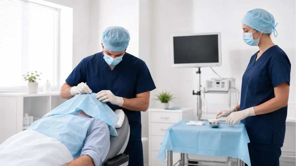 Ασθενής με αποστειρωμένο κάλυμμα σε οφθαλμολογική αίθουσα, με οφθαλμίατρο και βοηθό κατά την προετοιμασία ενδοϋαλοειδικής ένεσης