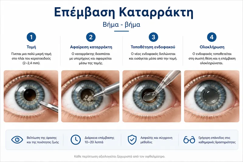 Επέμβαση καταρράκτη με αφαίρεση του θολωμένου φυσικού φακού και τοποθέτηση ενδοφακού