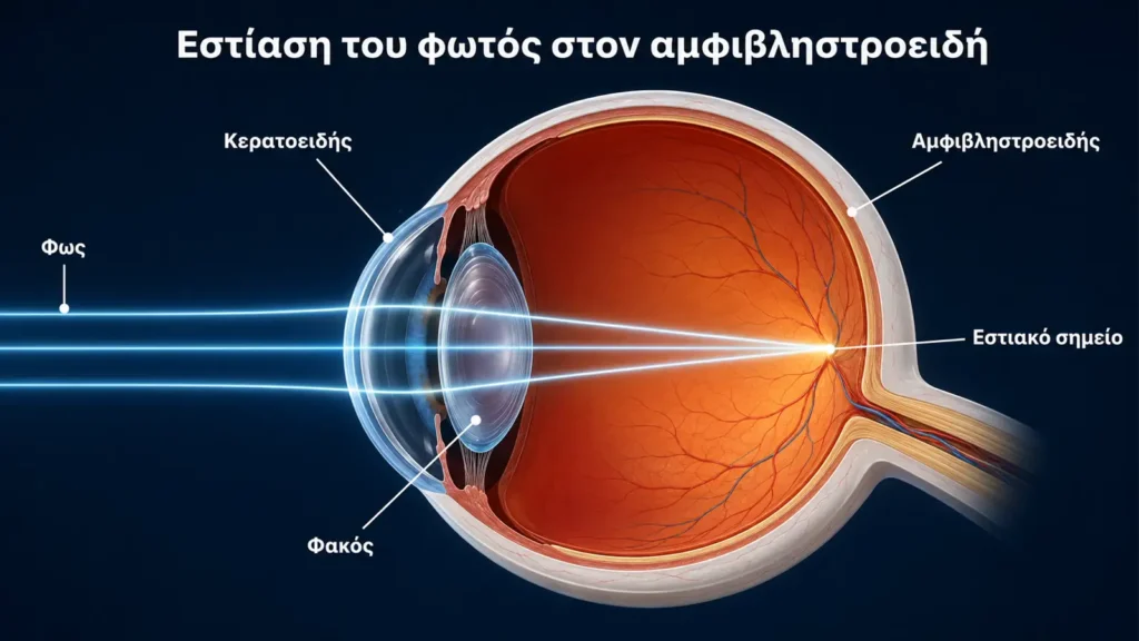 Ανατομική τομή οφθαλμού με ακτίνες φωτός που διαθλώνται από τον κερατοειδή και τον φακό και εστιάζονται στον αμφιβληστροειδή