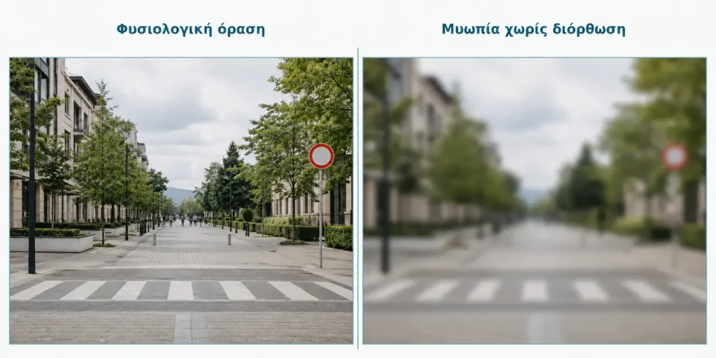 Η ίδια μακρινή σκηνή με φυσιολογική όραση και με τη θολή όραση που μπορεί να προκαλέσει η μυωπία.