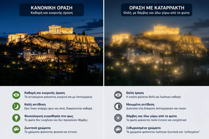Σύγκριση φυσιολογικής όρασης και όρασης με καταρράκτη με θέα την Ακρόπολη