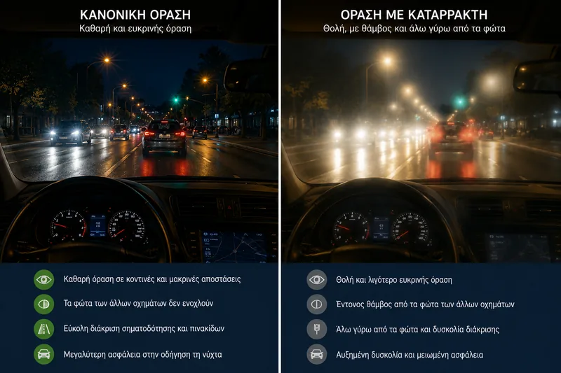 Σύγκριση νυχτερινής οδήγησης με φυσιολογική όραση και όραση με καταρράκτη