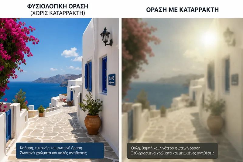 Σύγκριση φυσιολογικής όρασης και όρασης με καταρράκτη