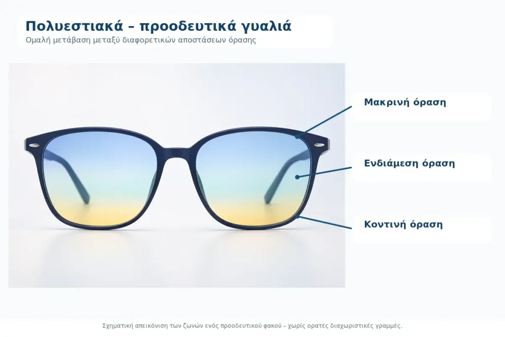 Πολυεστιακά γυαλιά με σχηματική απεικόνιση των ζωνών για μακρινή, ενδιάμεση και κοντινή όραση.