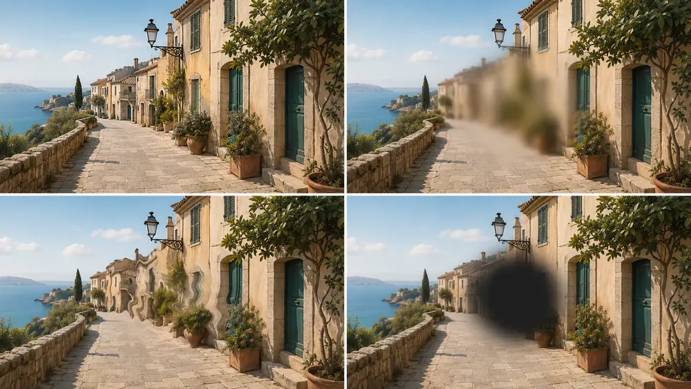 επηρεαστεί η κεντρική όραση Τέσσερις απεικονίσεις της ίδιας σκηνής με φυσιολογική όραση, κεντρική θόλωση, κυματιστές γραμμές και κεντρικό σκοτεινό σημείο