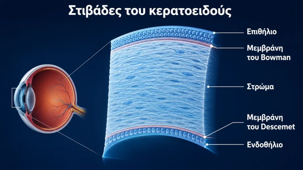 Ανατομική απεικόνιση του οφθαλμού και μεγεθυμένη τομή των πέντε στιβάδων του κερατοειδούς