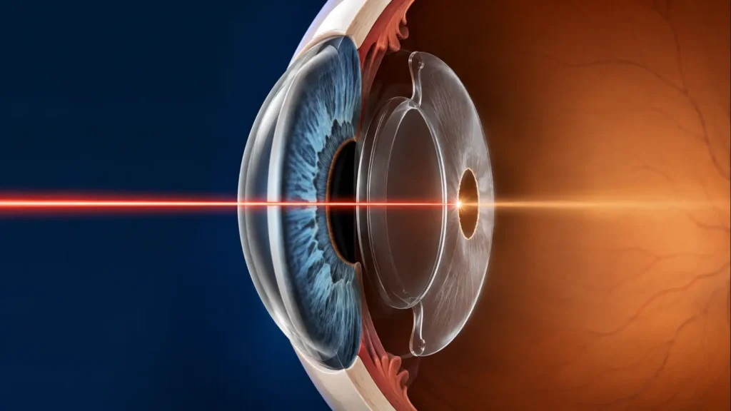 Ανατομική απεικόνιση δέσμης YAG laser που δημιουργεί κεντρικό άνοιγμα στο θολωμένο οπίσθιο περιφάκιο πίσω από τον ενδοφακό